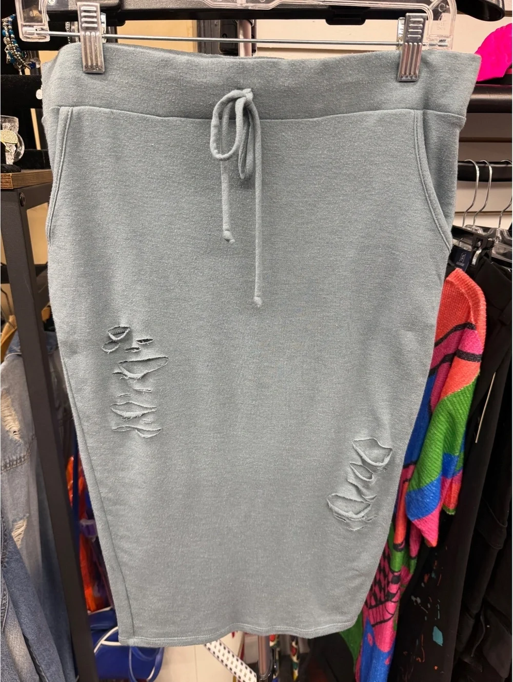 Fashion Nova Distressed Midi Sweat Skirt Blue Gray Drawstring Streetwear